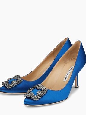 BRAND NEW WITH TAGS Manolo Blahnik Blue Satin Hangisi Crystal-Embellished Pumps